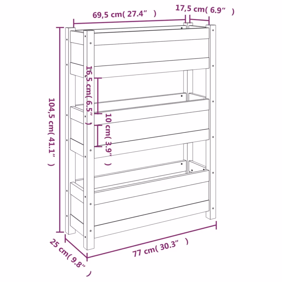 Kolmekorruseline vertikaalne taimekast, töötlemata männipuit, 77 x 25 x 104,5 cm – 9