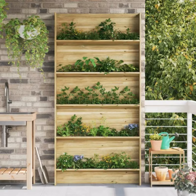 Vertikaalne taimede riiul taimekastidega, pruun immutatud männipuit, 90 x 15 x 180 cm