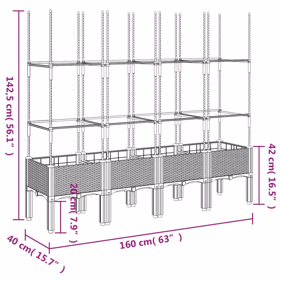 Võrega kõrgendatud taimekast, sinakashall PP, 160 x 40 x 142,5 cm – 7