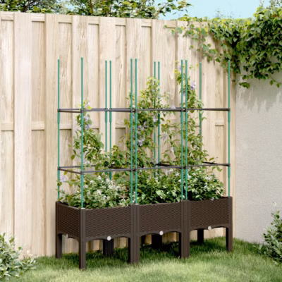 Võrega kõrgendatud taimekast, pruun rotangimustriga PP, 120 x 40 x 142,5 cm