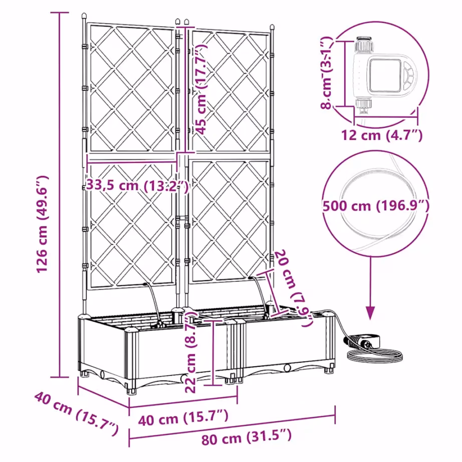 Võreseinaga istutuskast kastmissüsteemiga, 2 tk, valge teras, 80 x 40 x 126 cm – 10
