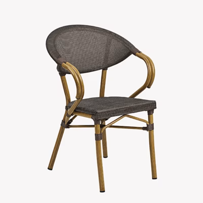 Alumiiniumist aiast söögitool, tumepruun textilene, bambuse välimusega raam Calda