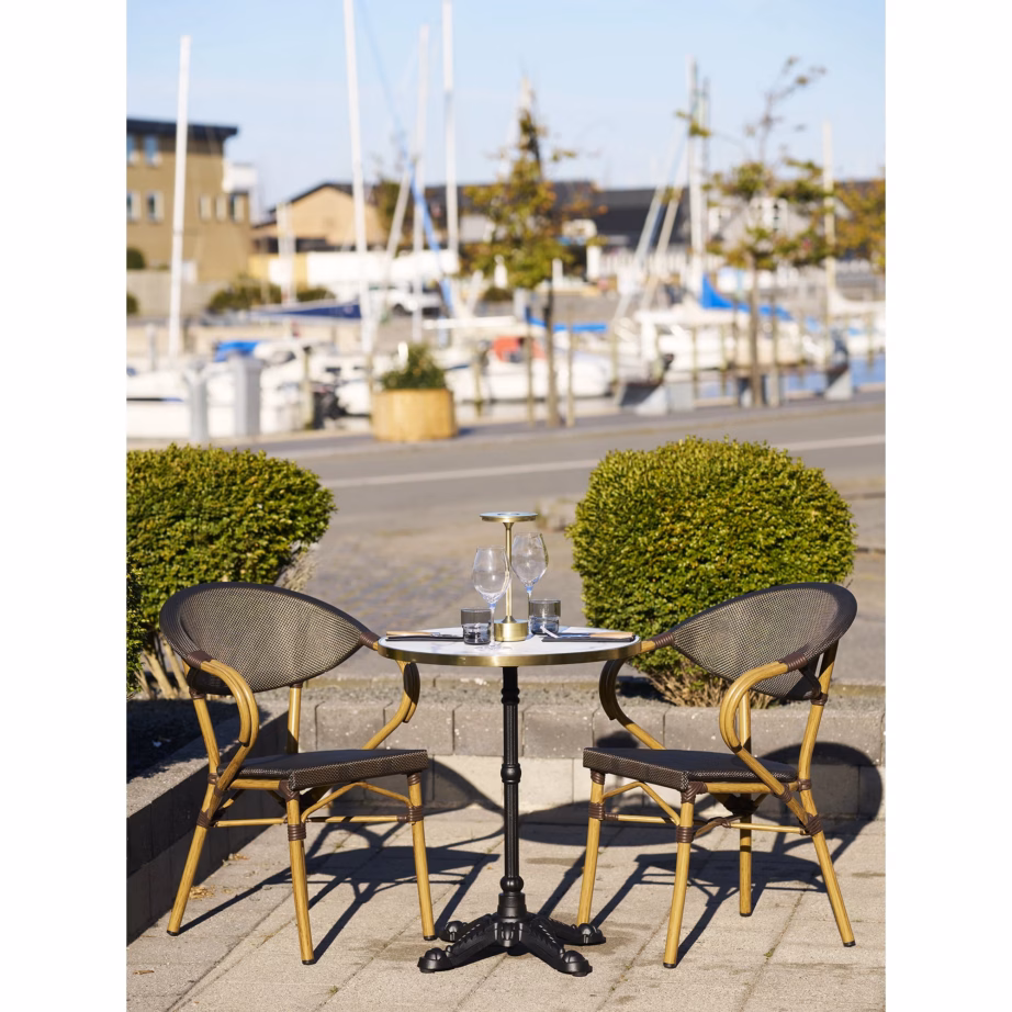 Alumiiniumist aiast söögitool, tumepruun textilene, bambuse välimusega raam Calda – 5