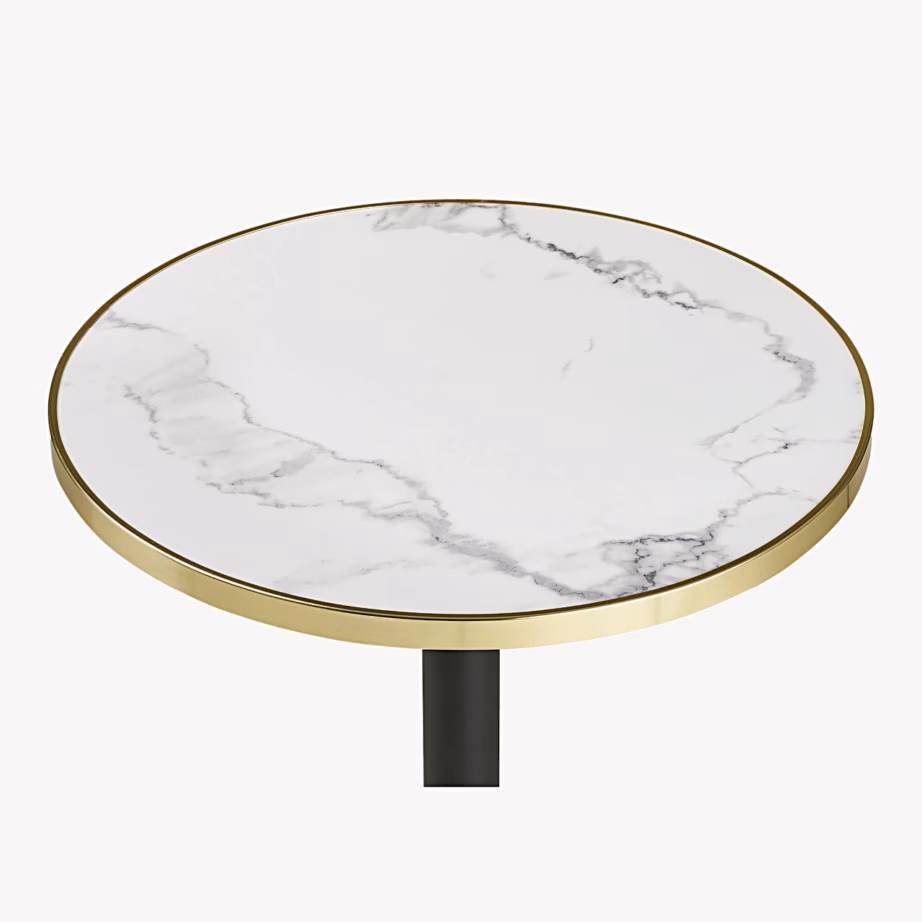 Bistrolaud valge marmorimustriga, kuldse serva ja mustade jalgadega Ø60×73 cm - 3