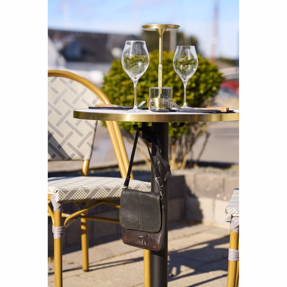 Bistrolaud valge marmorimustriga, kuldse serva ja mustade jalgadega Ø60×73 cm - 7