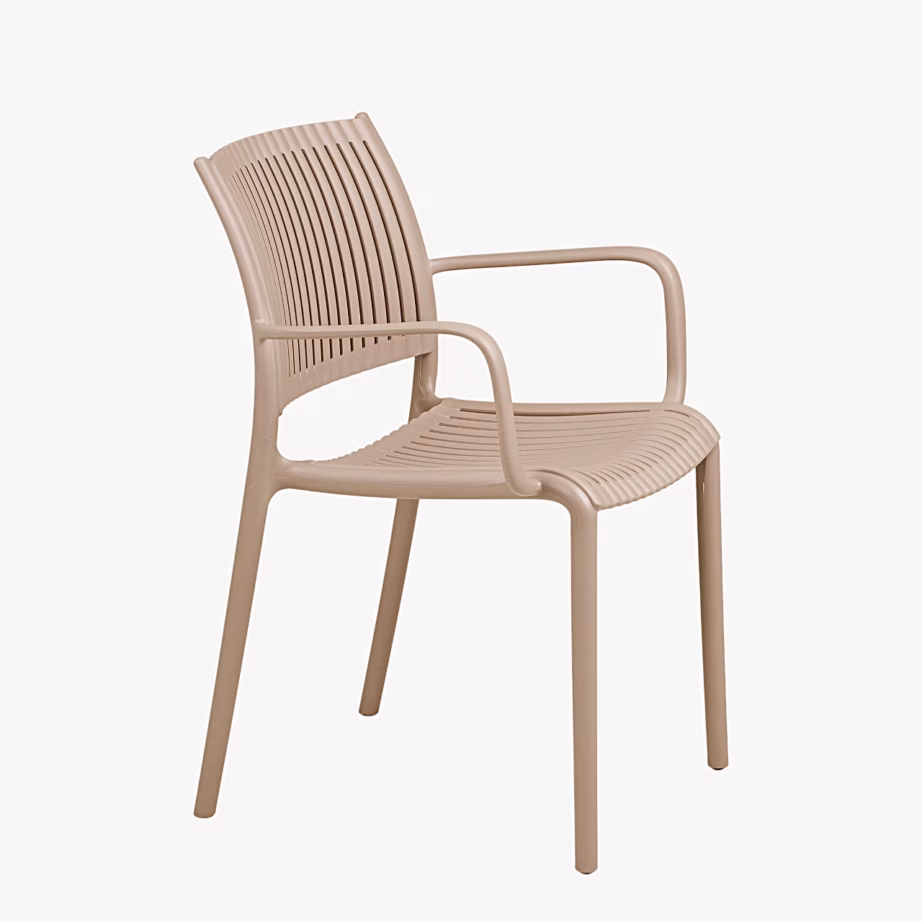 Polüpropüleenist virnastatav söögitool käetugedega, taupe Manzano – 5