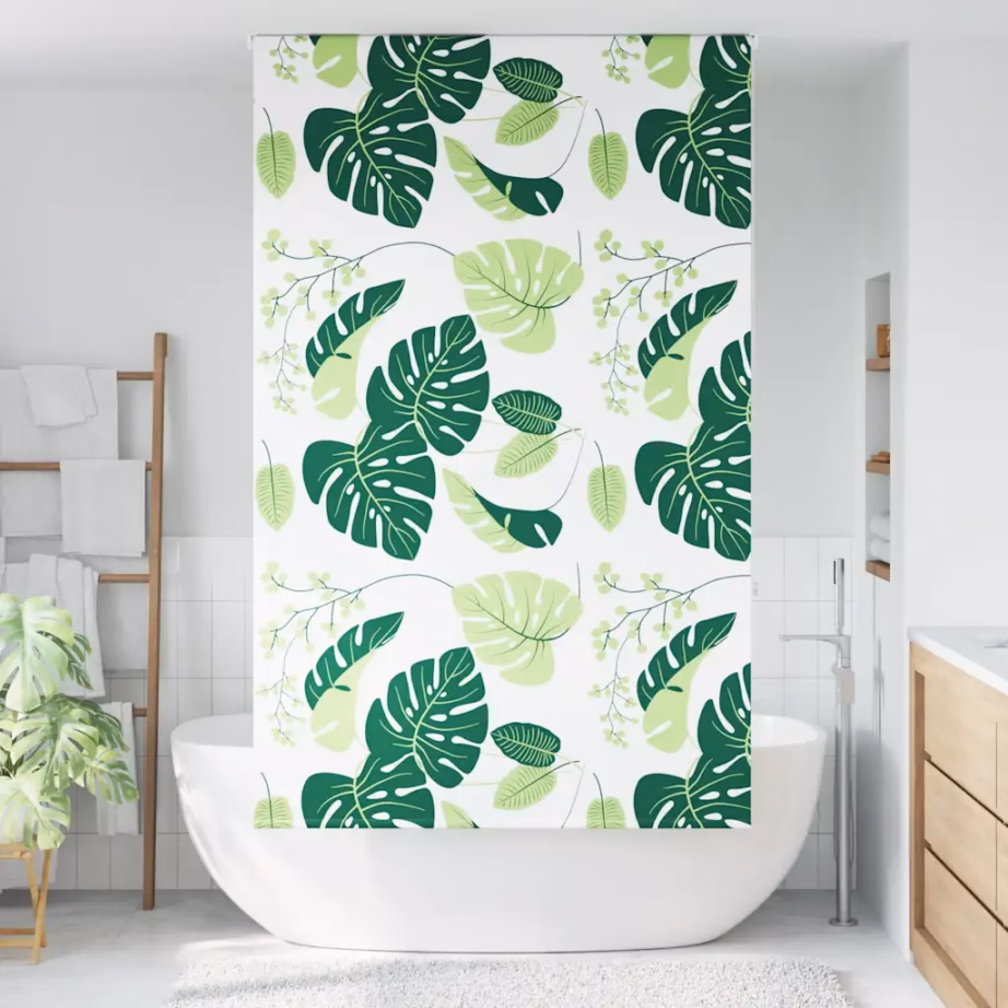 Veekindel duširuloo roheliste lehtede mustriga, PEVA, 130 x 240 cm – 2