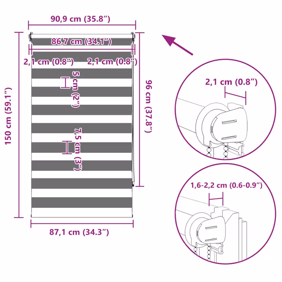 Valge sebraruloo, valguse reguleerimisega, 90 x 150 cm, 100% polüester – 13