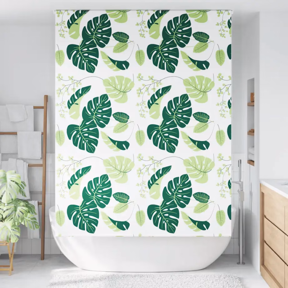 Veekindel duširuloo roheliste lehtede mustriga, PEVA, 150 x 240 cm – 2