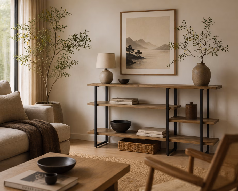 3 riiuliga loft-stiilis konsoollaud Livin Hill Flow FLOL08, 140 x 35 x 80 cm, liivatooni - 11