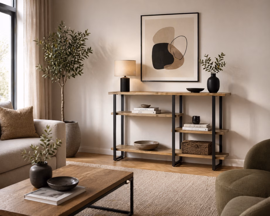 3 riiuliga loft-stiilis konsoollaud Livin Hill Flow FLOL08, 140 x 35 x 80 cm, liivatooni - 9
