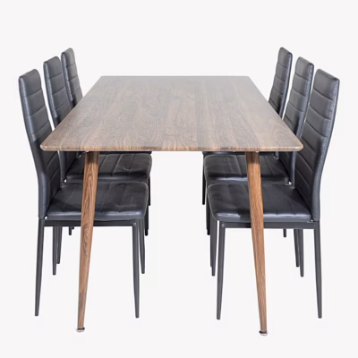Polar söögikomplekt laud 180 cm pähkel ja mustad kunstnahast toolid - GR20086