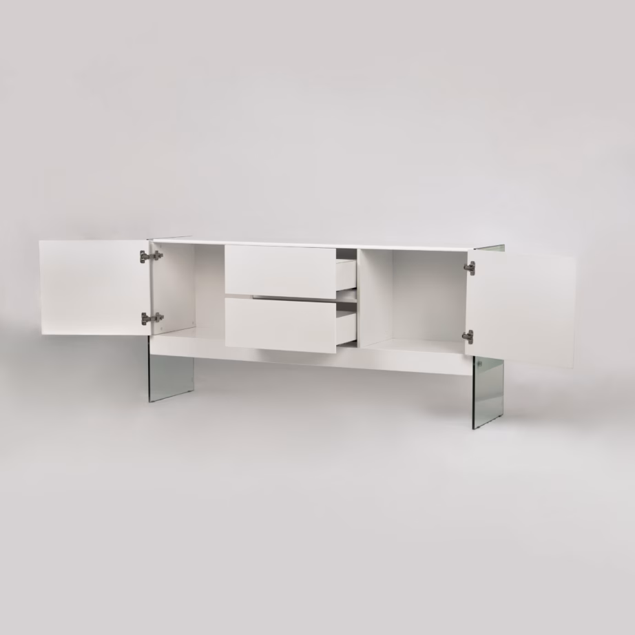 Valge kõrgläikega kummut Livin Hill Soho SH03, klaasjalgadel, 180 cm - 2