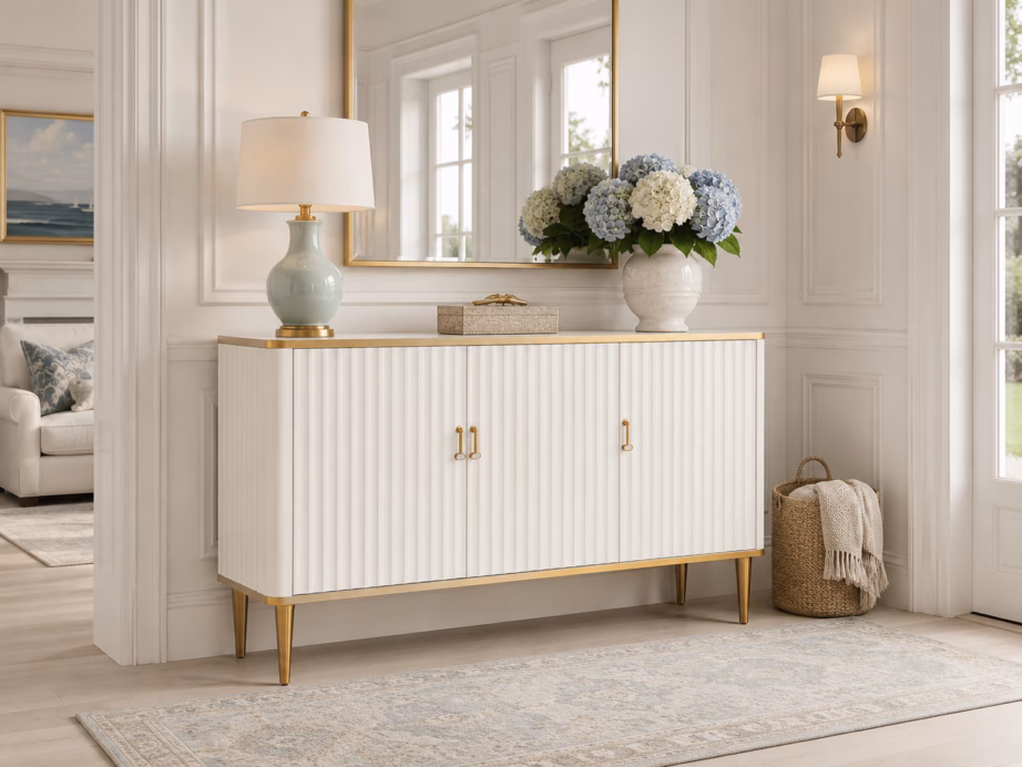 Murdvalge puhvetkapp Livin Hill Stilig ST313A, kuldtooni jalgadega, 160 cm - 10