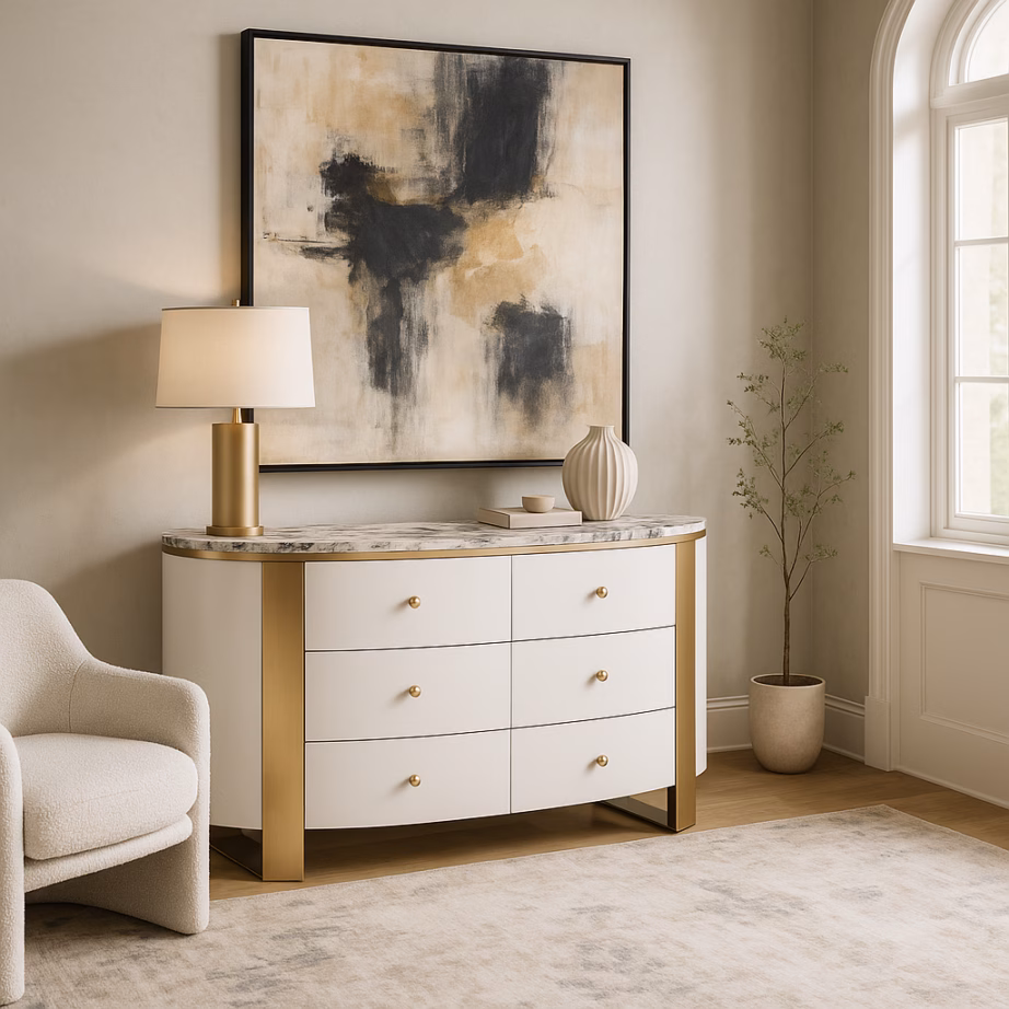 Ovaalne murdvalge puhvetkapp Livin Hill Stilig ST920, kuldtooni jalgadel, 140 cm - 5