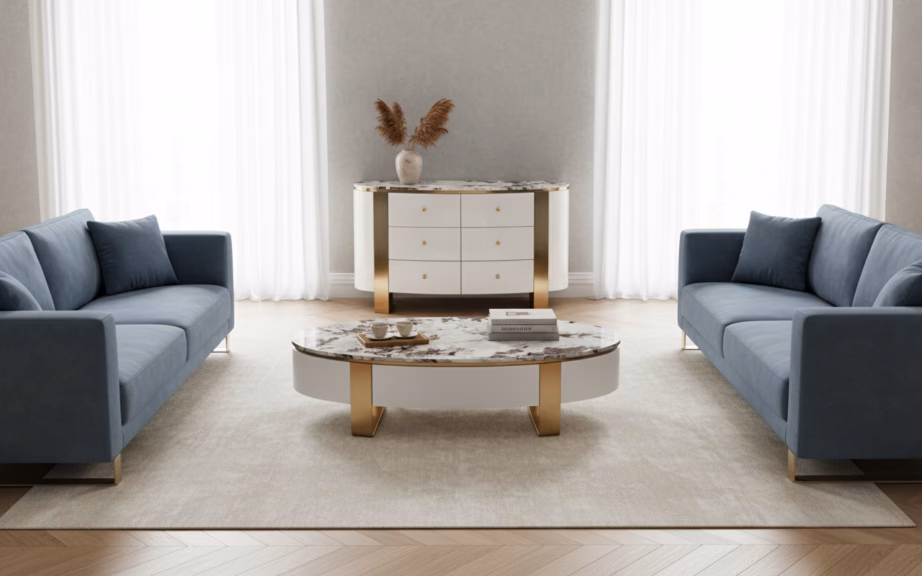 Ovaalne murdvalge puhvetkapp Livin Hill Stilig ST920, kuldtooni jalgadel, 140 cm - 10