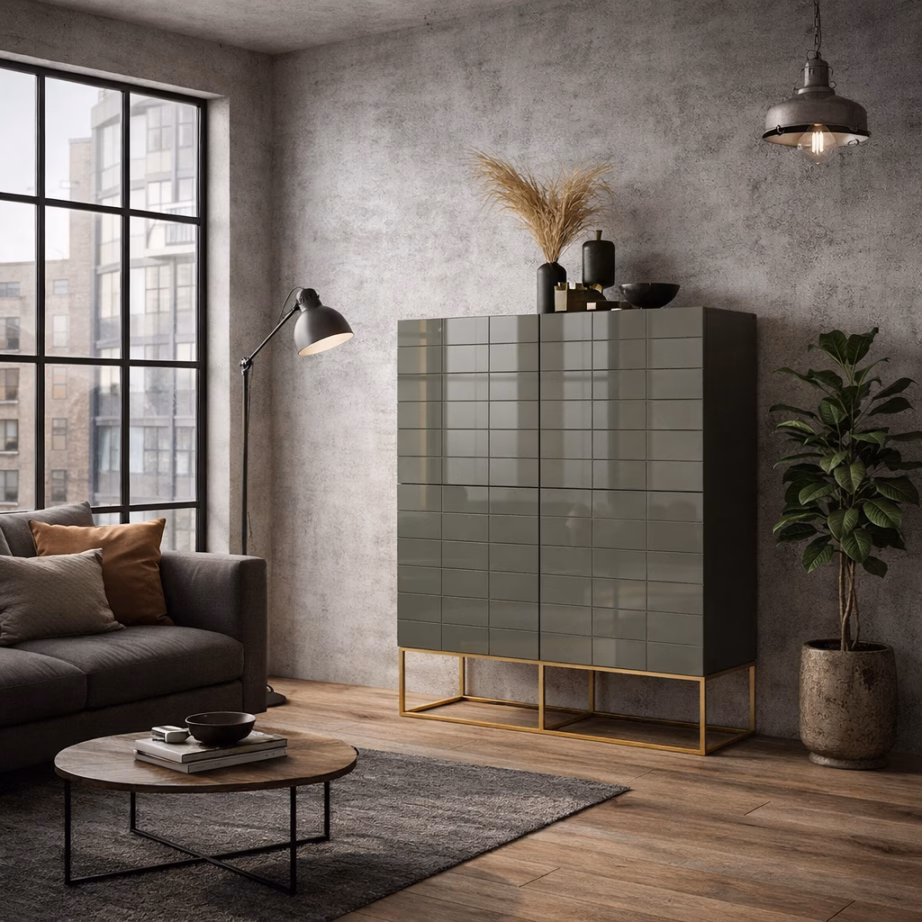 Tsementroheline kõrgläikega kõrge kapp Livin Hill Rose Hill RH04, 110 cm - 7