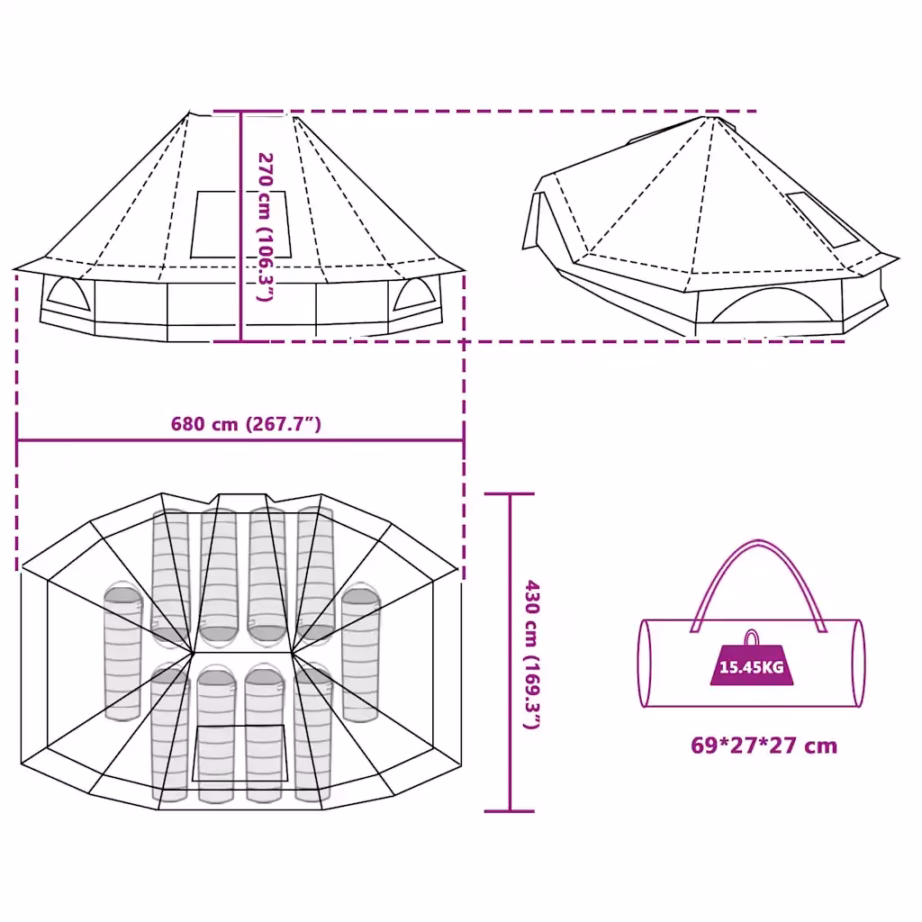 10-kohaline tipi telk katusega, hall ja oranž, taft, 680 x 430 x 270 cm - 12