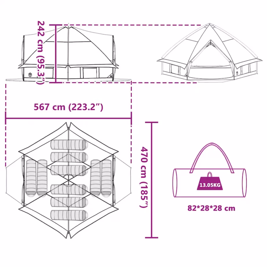 Teepee telk 10 inimesele, roheline-valge, 185T polüester, 567 x 470 x 242 cm - 12