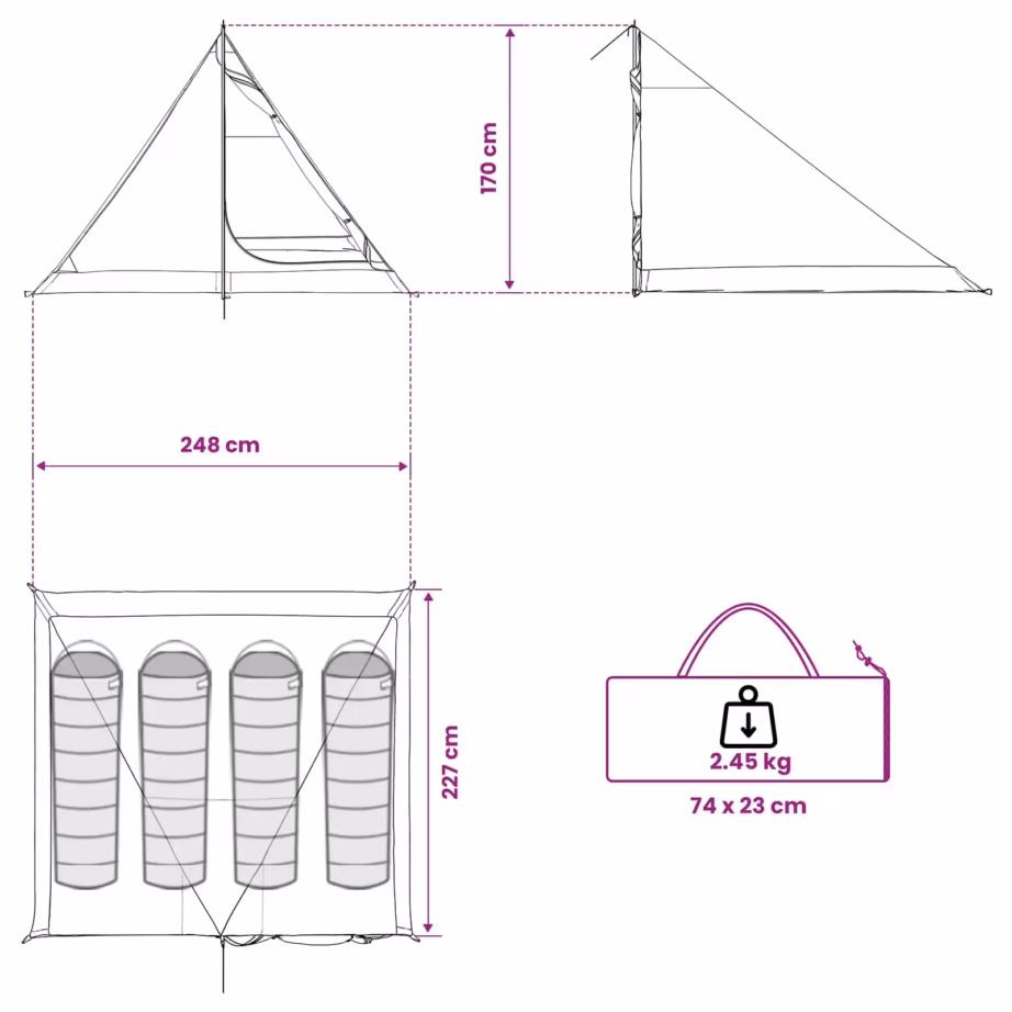 4-kohaline pruun-hall seljakotitelk, 185T polüester PU-kattega, 248 x 227 x 170 cm - 12