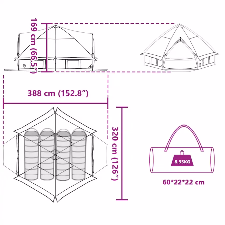 4-kohaline teepee telk, sinine ja hall, vettpidav 185T polüester, 388 x 320 x 169 cm - 12