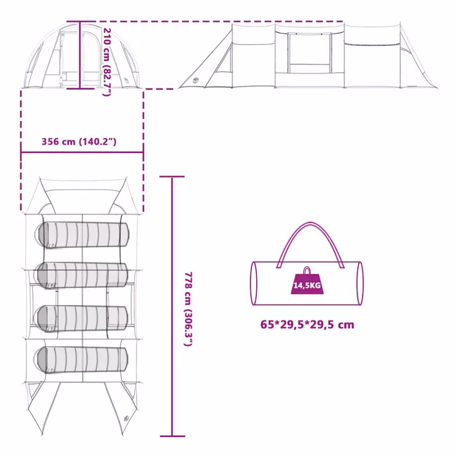 4-kohaline tunnelitelk verandaga, hall ja oranž, 778 x 356 x 210 cm - 12