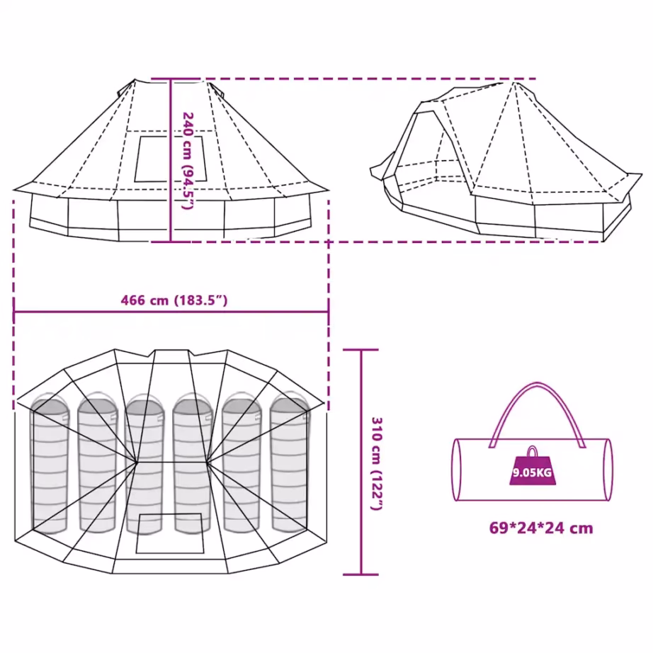 6-kohaline tipi telk E-portiga, hall ja oranž, taft, 466 x 310 x 240 cm - 12