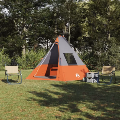 6-kohaline katusega tipi telk e-porti ja akendega, hall/oranž taft, 383 x 338 x 217 cm