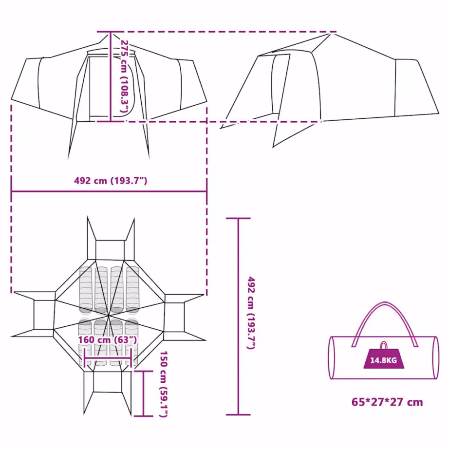8-kohaline tipi telk katusepikendusega, hall ja oranž, taft, 492 x 492 x 275 cm - 11