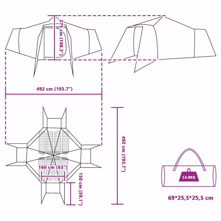 8-kohaline tipi telk õhuavaga, roheline taft, 492 x 492 x 275 cm - 11