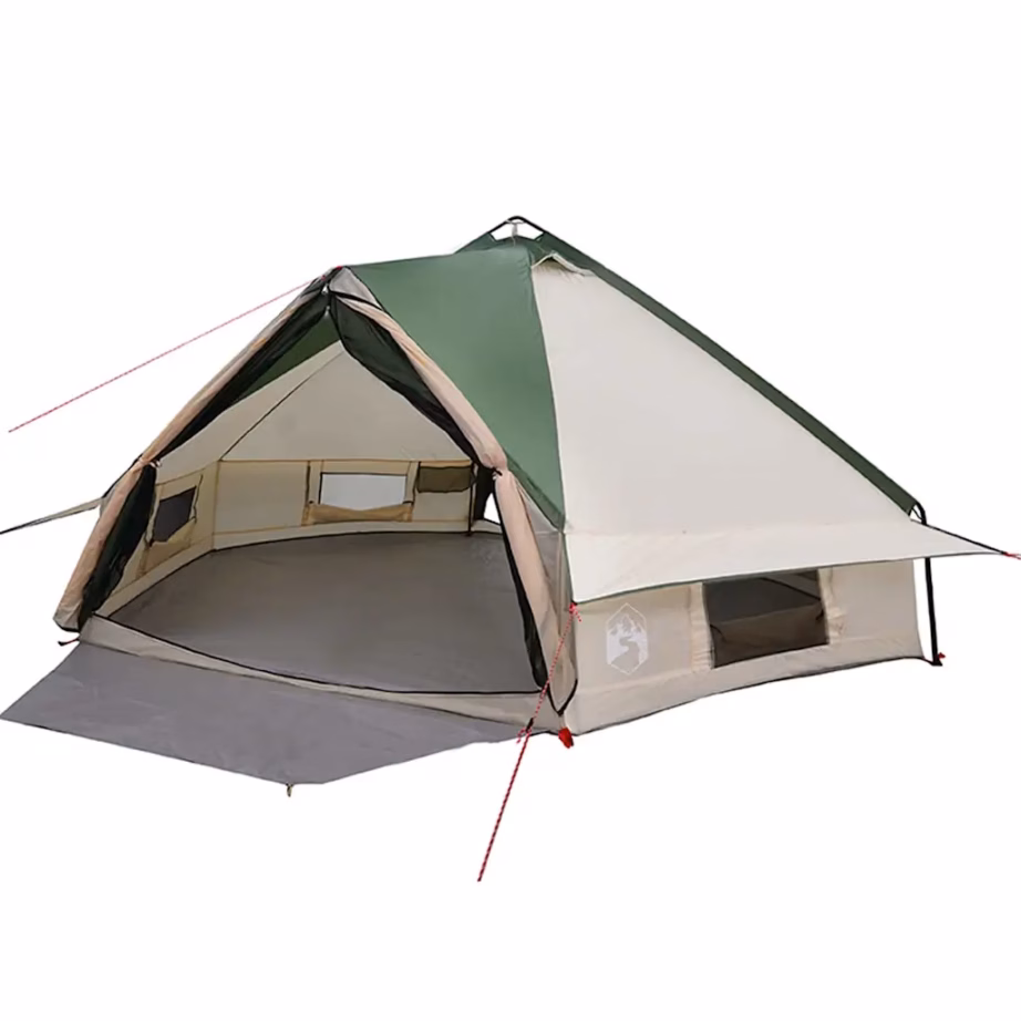 8-kohaline teepee telk, roheline ja valge, 490 x 410 x 210 cm, 185T polüester - 2