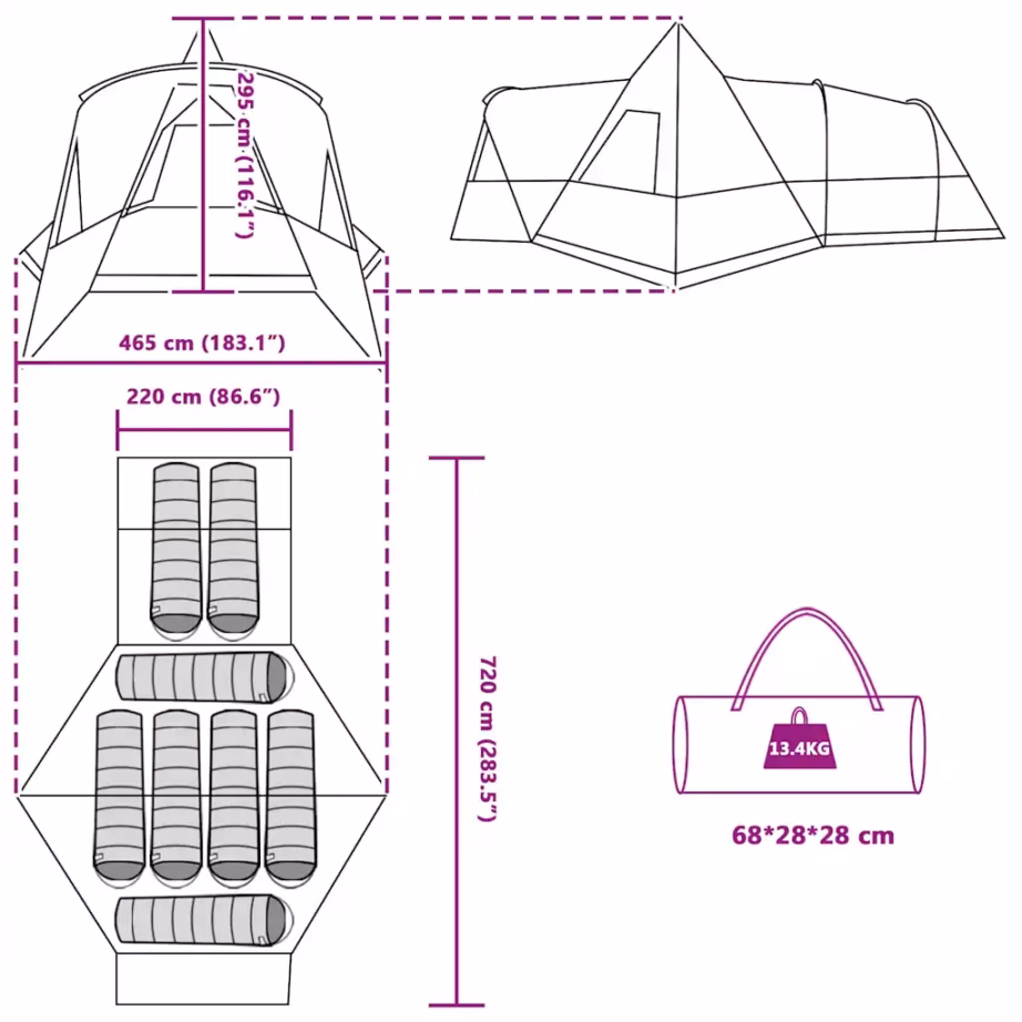 8-kohaline teepee-telk, hall ja oranž, 720 x 465 x 295 cm - 13