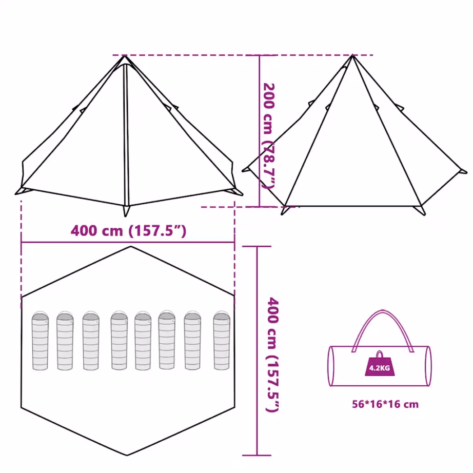 8-kohaline tipi peretelk, roheline veekindel, 400 x 400 x 200 cm - 13