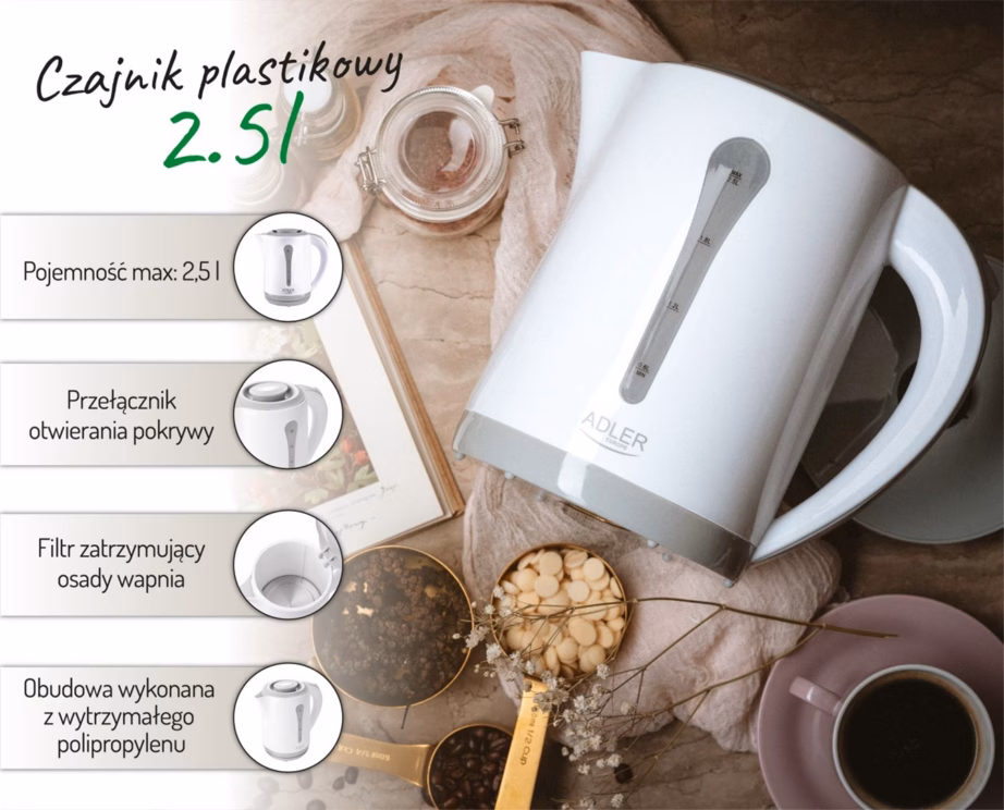 Veekeetja Adler AD 1244, 2,5 l, 2200 W, valge-sinine - 12