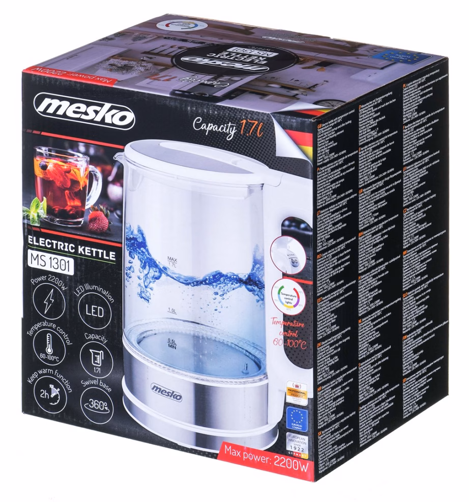 Veekeetja Adler MESKO MS 1301W, 1,7 l, 2200 W, klaas, valge - 6