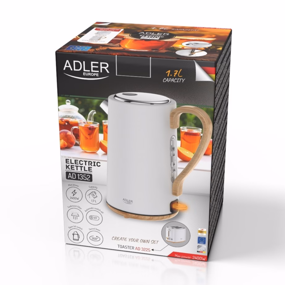 Veekeetja Adler AD 1352, 1,7 l, 1850–2200 W, valge puidutooniga - 7