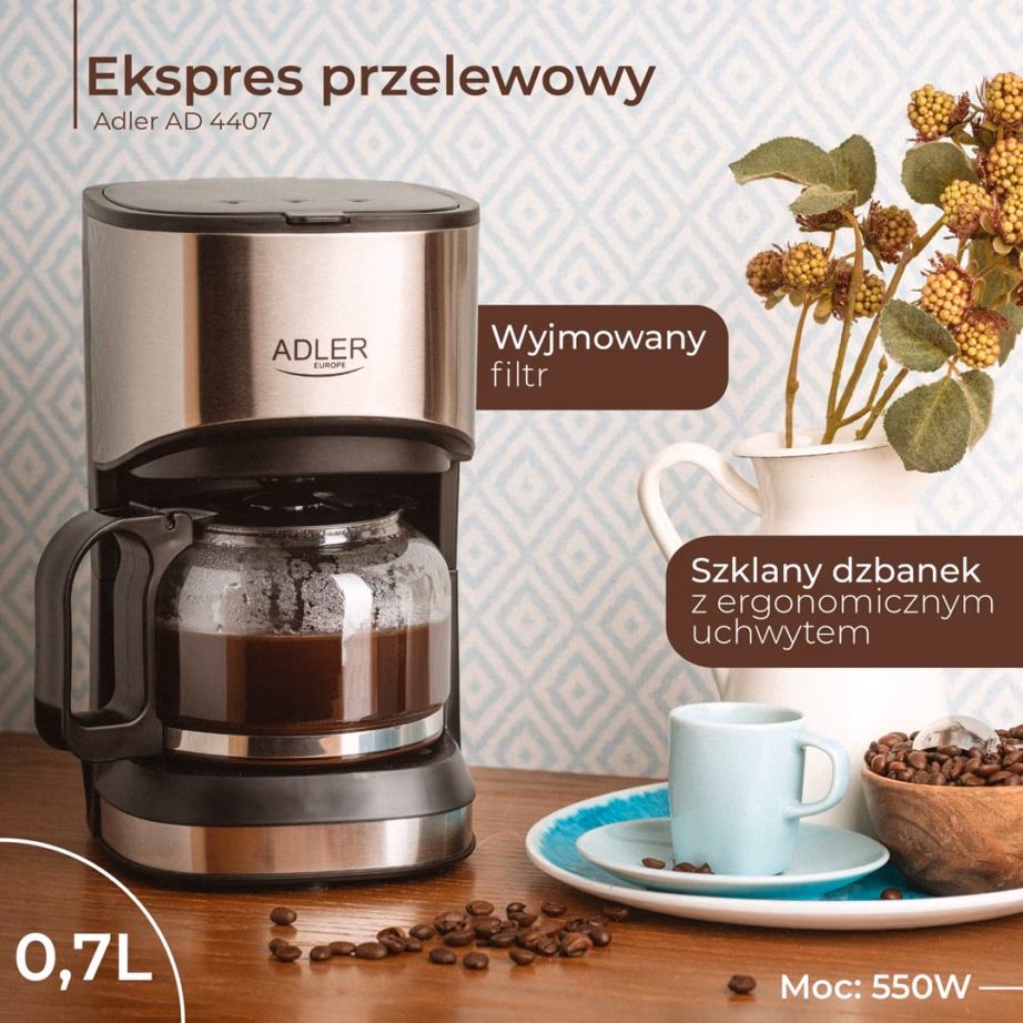 Tilkkohvimasin Adler AD 4407, 0,7 l kann, 550 W, soojashoid ja tilgalukk - 12