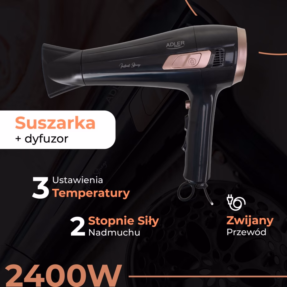 Föön Adler AD 2283, 2000 W, 2 kiirust, külma õhu funktsioon, must ja roosa - 11