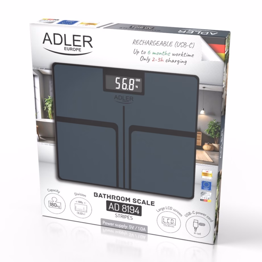 Vannitoakaal Adler AD 8194s STRIPES, USB‑C laetav, 180 kg, must - 6