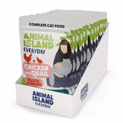 Kasside märgtoit ANIMAL ISLAND kana ja vutiga, fileetükid puljongis (täissööt täiskasvanule)