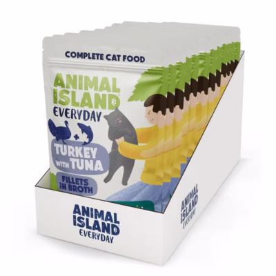 Kasside märgtoit ANIMAL ISLAND kalkuni ja tuunikala fileetükid puljongis, 12 × 85 g