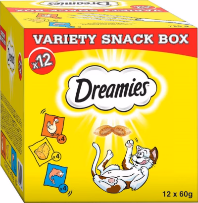 Kassi maiuste valikukarp Dreamies Variety Snack Box, 12 × 60 g, lõhe-, juustu- ja kanamaitse