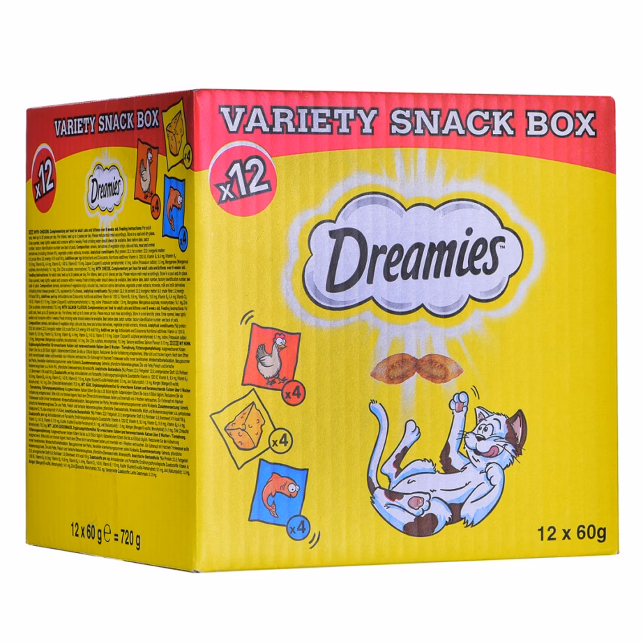 Kassi maiuste valikukarp Dreamies Variety Snack Box, 12 × 60 g, lõhe-, juustu- ja kanamaitse - 6