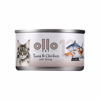 Kassimärgtoit OLLO Tuna & Chicken krevettidega tarretises, 70 g (konserv)