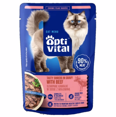 Täissööt täiskasvanud kassile OptiVital Tasty Shreds veiselihaga kastmes, 85 g