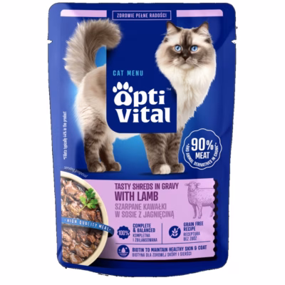 Märg kassitoit OptiVital Tasty Shreds in Gravy lambalihaga, täissööt täiskasvanud kassile, 85 g