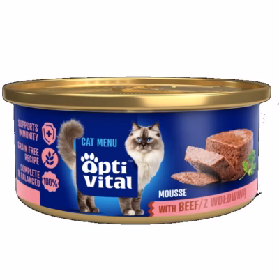 Märg kassitoit OptiVital Fluffy mousse veiselihaga, täissööt täiskasvanud kassidele, 85 g