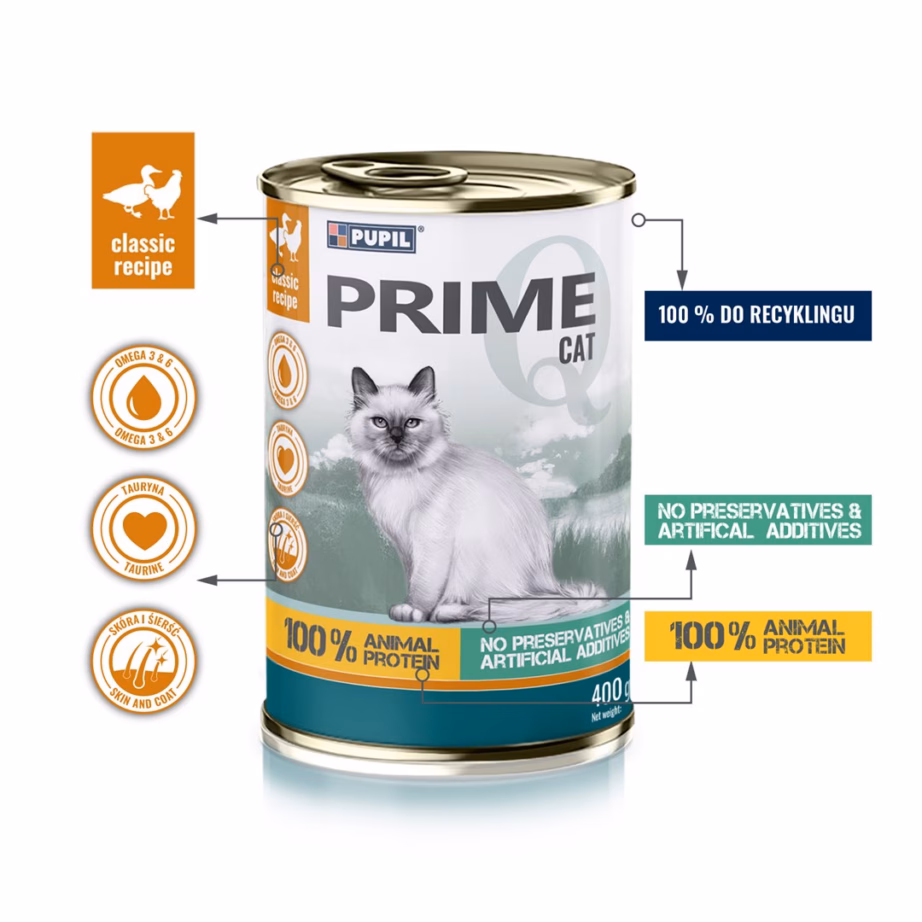 Kassikonserv PUPIL Prime Rich in chicken and duck, täissööt täiskasvanud kassile, 400 g - 2
