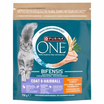 Täissööt täiskasvanud kassile PURINA One Bifensis Coat & Hairball, kanaga, 750 g