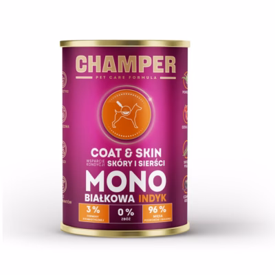 Koera märgtoit CHAMPER Coat & Skin Monoprotein Turkey, täissööt täiskasvanud koertele 400 g